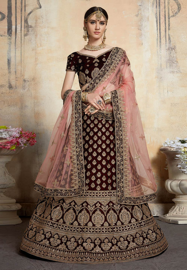 Maroon Adorable  Designer Pure Velvet Semi Stitched Lehenga Choli For Wedding Wear Clothsvilla