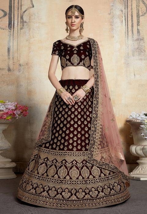 Maroon Adorable  Designer Pure Velvet Semi Stitched Lehenga Choli For Wedding Wear Clothsvilla Main image