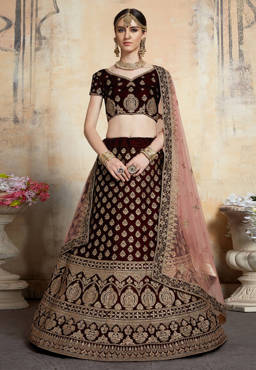 Maroon Adorable  Designer Pure Velvet Semi Stitched Lehenga Choli For Wedding Wear Clothsvilla