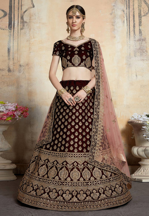 Maroon Adorable  Designer Pure Velvet Semi Stitched Lehenga Choli For Wedding Wear Clothsvilla