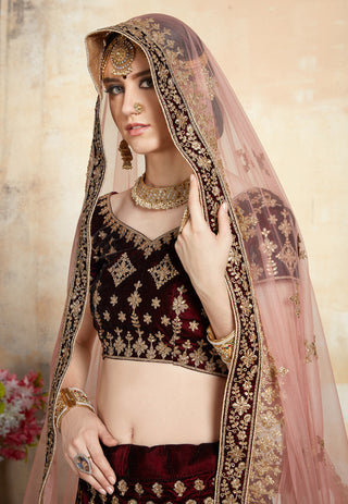 Maroon Adorable  Designer Pure Velvet Semi Stitched Lehenga Choli For Wedding Wear Clothsvilla