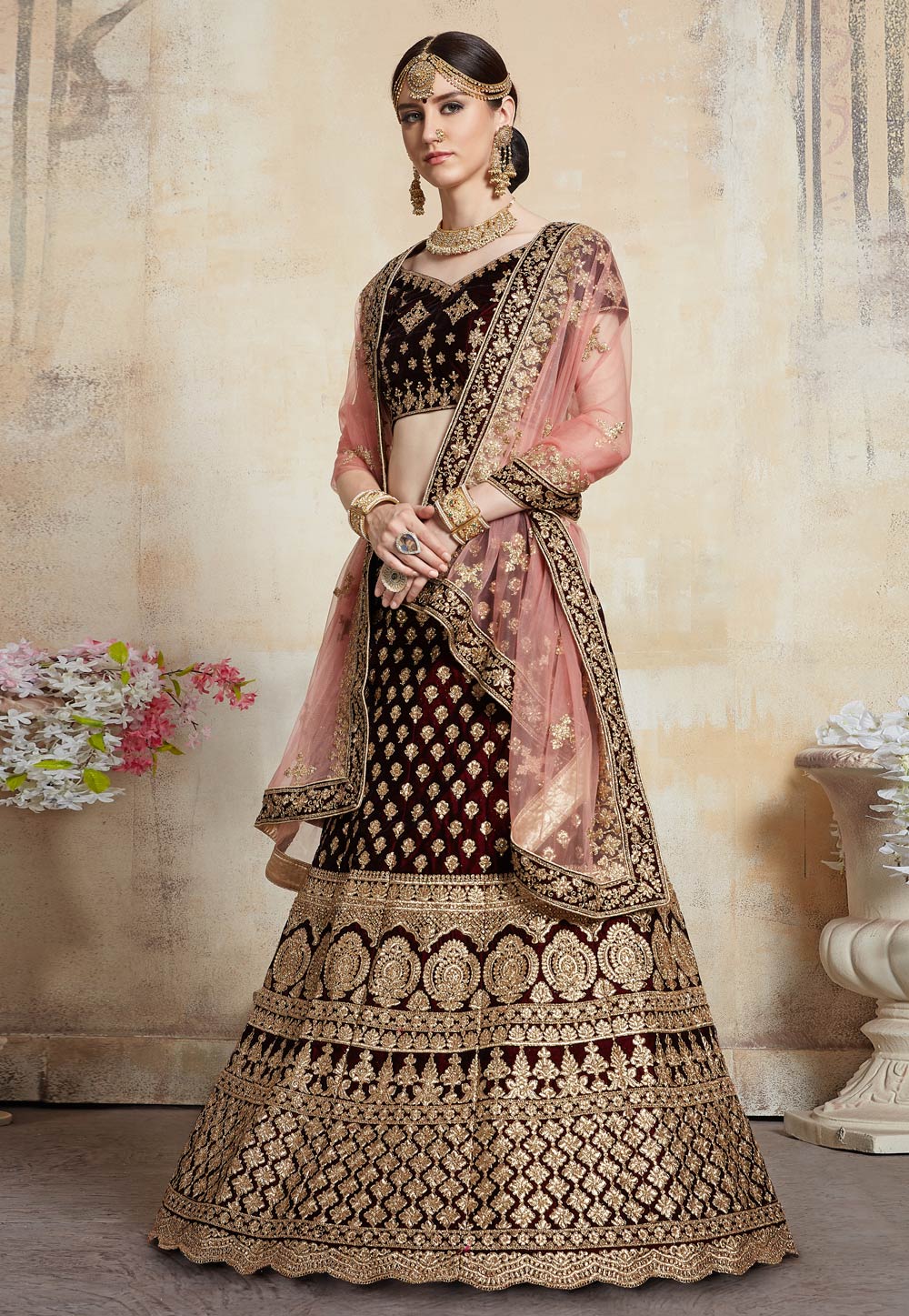 Maroon Adorable  Designer Pure Velvet Semi Stitched Lehenga Choli For Wedding Wear Clothsvilla
