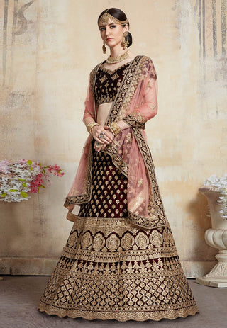 Maroon Adorable  Designer Pure Velvet Semi Stitched Lehenga Choli For Wedding Wear Clothsvilla