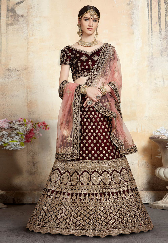 Maroon Adorable  Designer Pure Velvet Semi Stitched Lehenga Choli For Wedding Wear Clothsvilla