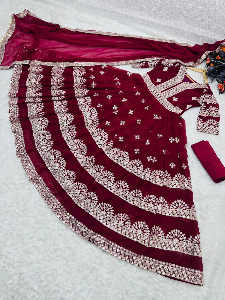 Maroon Anarkali Gown in Faux Georgette with Embroidery Sequence Work ClothsVilla