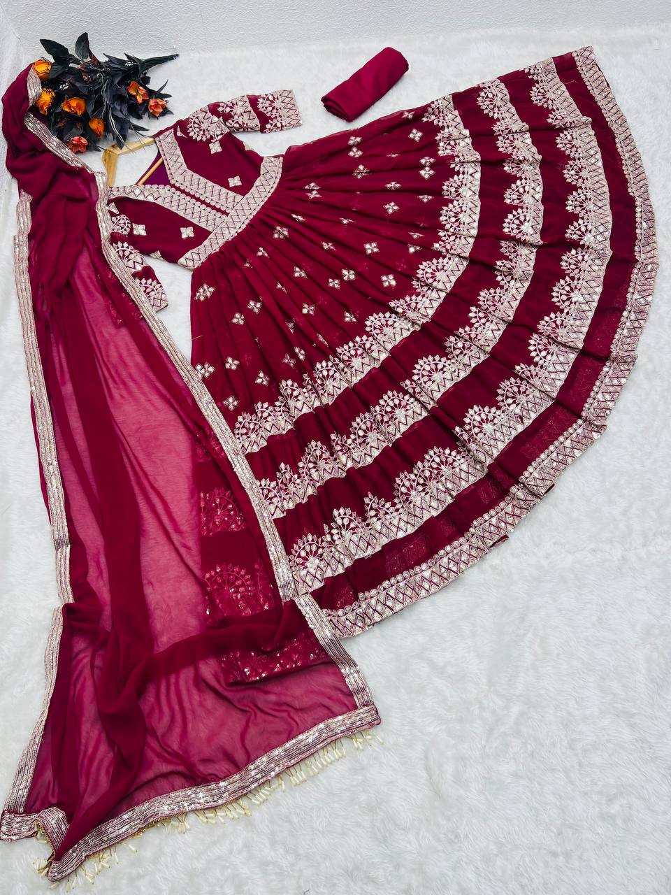 Maroon Anarkali Gown in Faux Georgette with Embroidery Sequence Work ClothsVilla