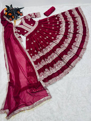 Maroon Anarkali Gown in Faux Georgette with Embroidery Sequence Work ClothsVilla
