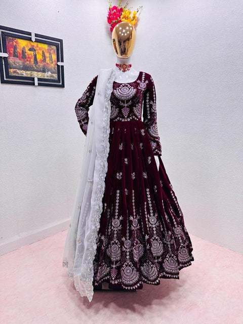 Maroon Anarkali Gown in Velvet with Embroidery Sequence Work ClothsVilla.com Main image
