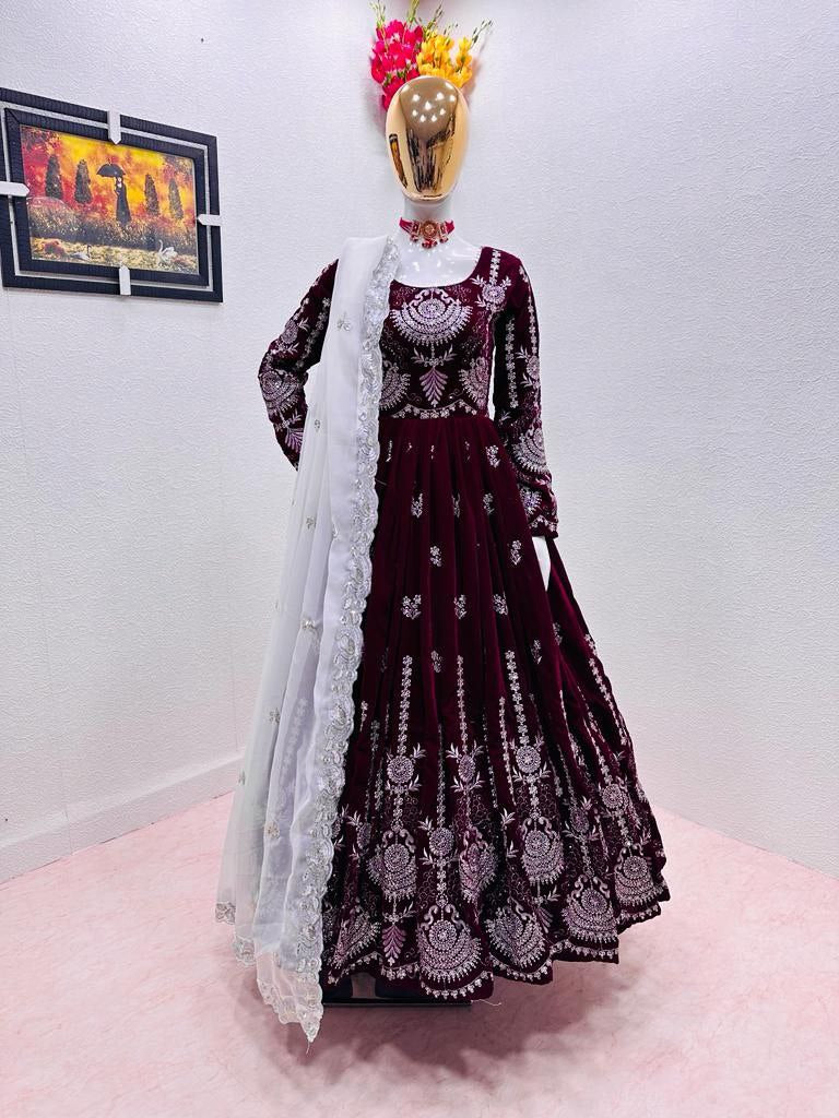 Maroon Anarkali Gown in Velvet with Embroidery Sequence Work ClothsVilla.com