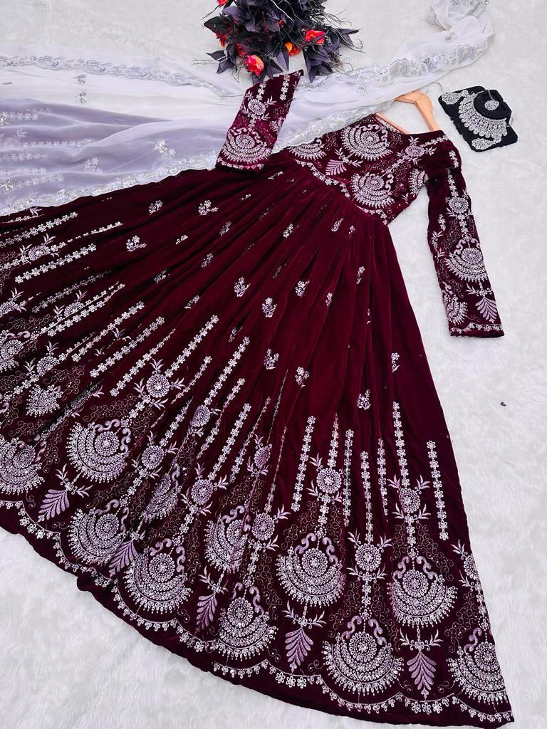 Maroon Anarkali Gown in Velvet with Embroidery Sequence Work ClothsVilla.com