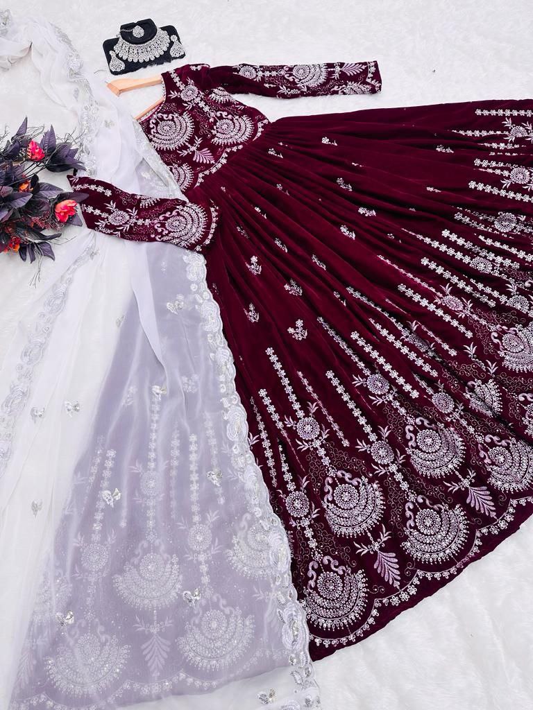 Maroon Anarkali Gown in Velvet with Embroidery Sequence Work ClothsVilla.com
