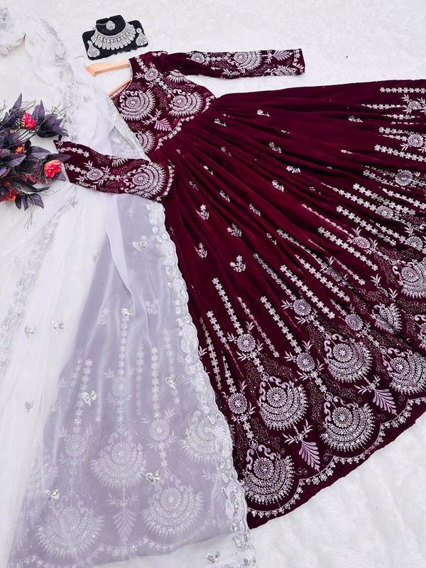 Maroon Anarkali Gown in Velvet with Embroidery Sequence Work ClothsVilla.com