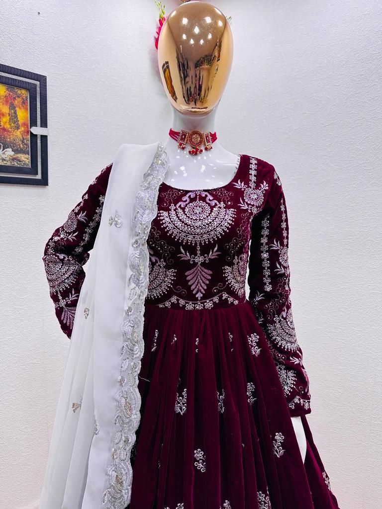 Maroon Anarkali Gown in Velvet with Embroidery Sequence Work ClothsVilla.com