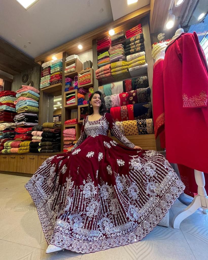 Maroon Anarkali Gown in Velvet with Sequence Work ClothsVilla