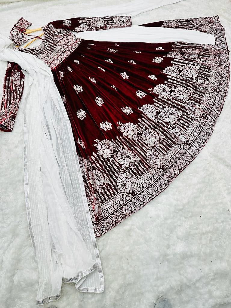 Maroon Anarkali Gown in Velvet with Sequence Work ClothsVilla