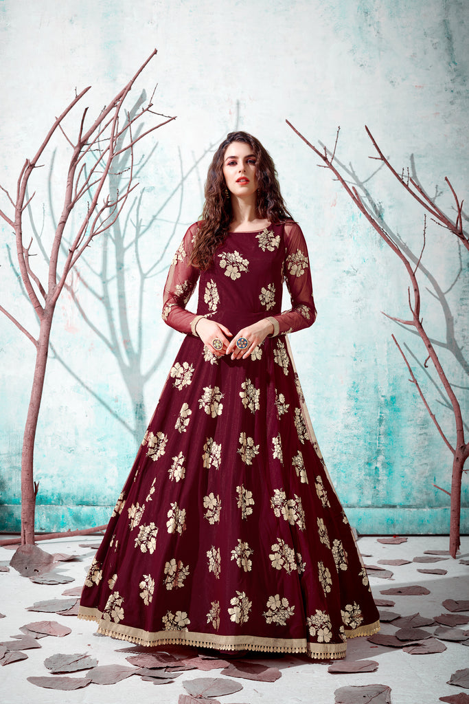 Maroon Anarkali Long Gown With Metalic Foil Work And India Bridal, Wedding, Party And Engagement Ceremony Wearing Gown For Women ClothsVilla