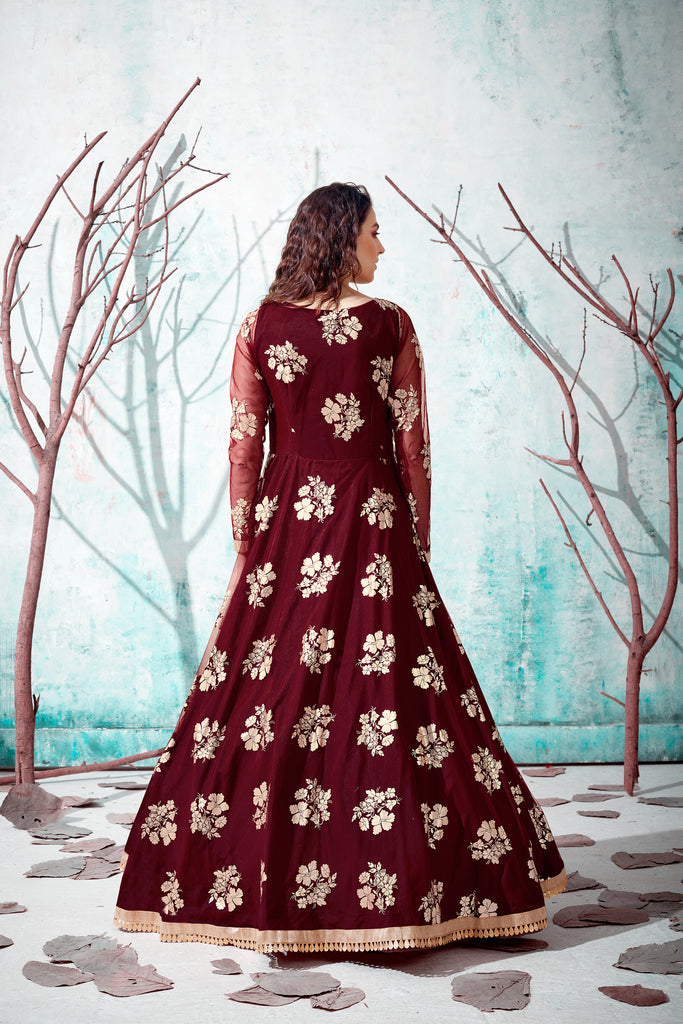 Maroon Anarkali Long Gown With Metalic Foil Work And India Bridal, Wedding, Party And Engagement Ceremony Wearing Gown For Women ClothsVilla