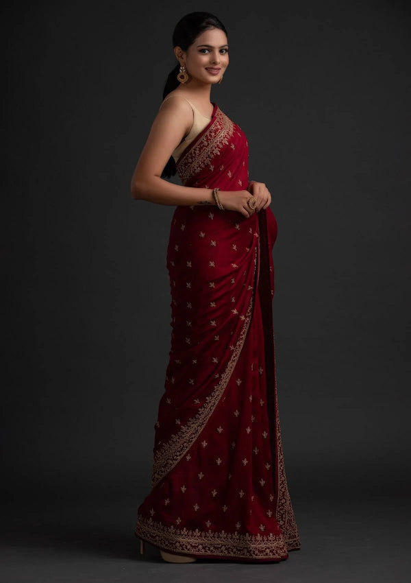 Maroon Color Art Silk Base Designer Saree With Sequins & Dori Work Clothsvilla