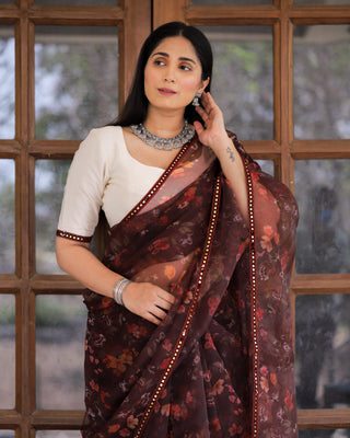 Maroon Color Lace Work Flower Print Organza Saree Clothsvilla