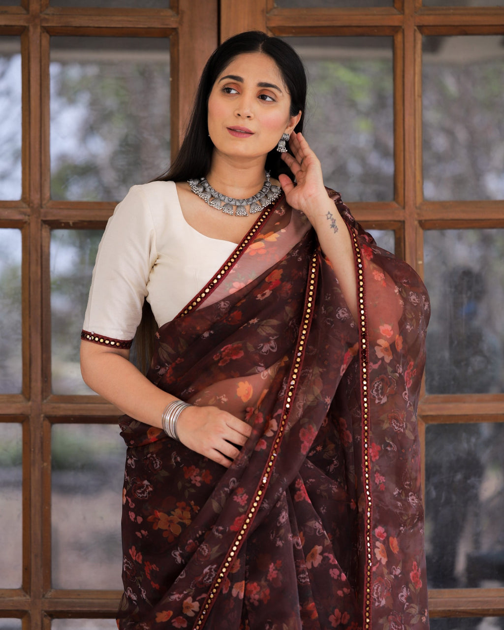 Maroon Color Lace Work Flower Print Organza Saree Clothsvilla