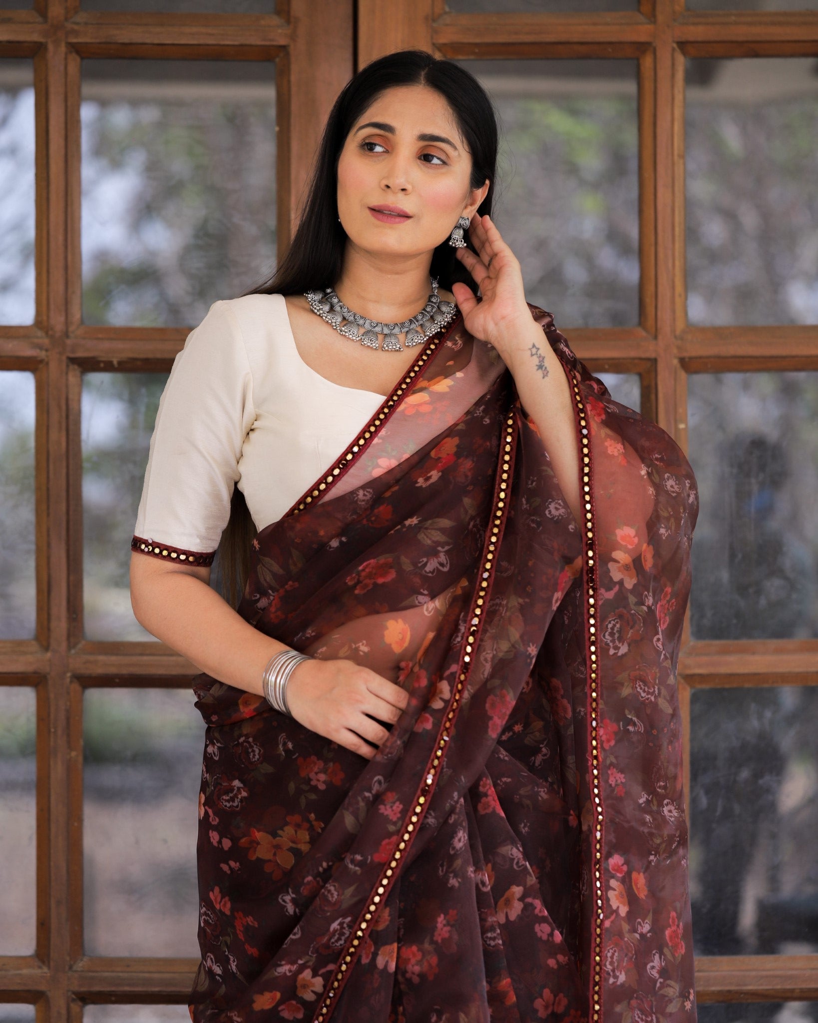 Maroon Color Lace Work Flower Print Organza Saree Clothsvilla