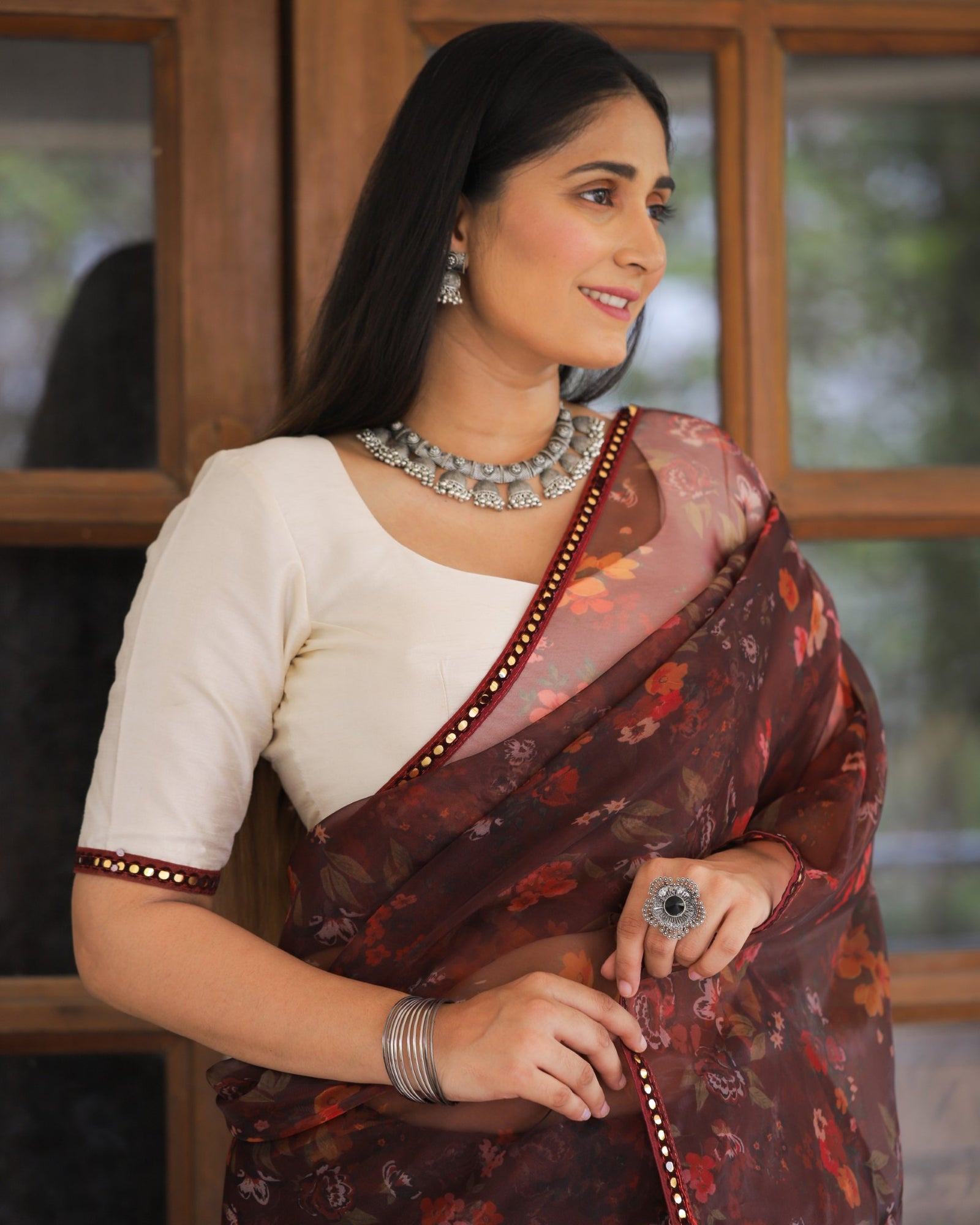 Maroon Color Lace Work Flower Print Organza Saree Clothsvilla