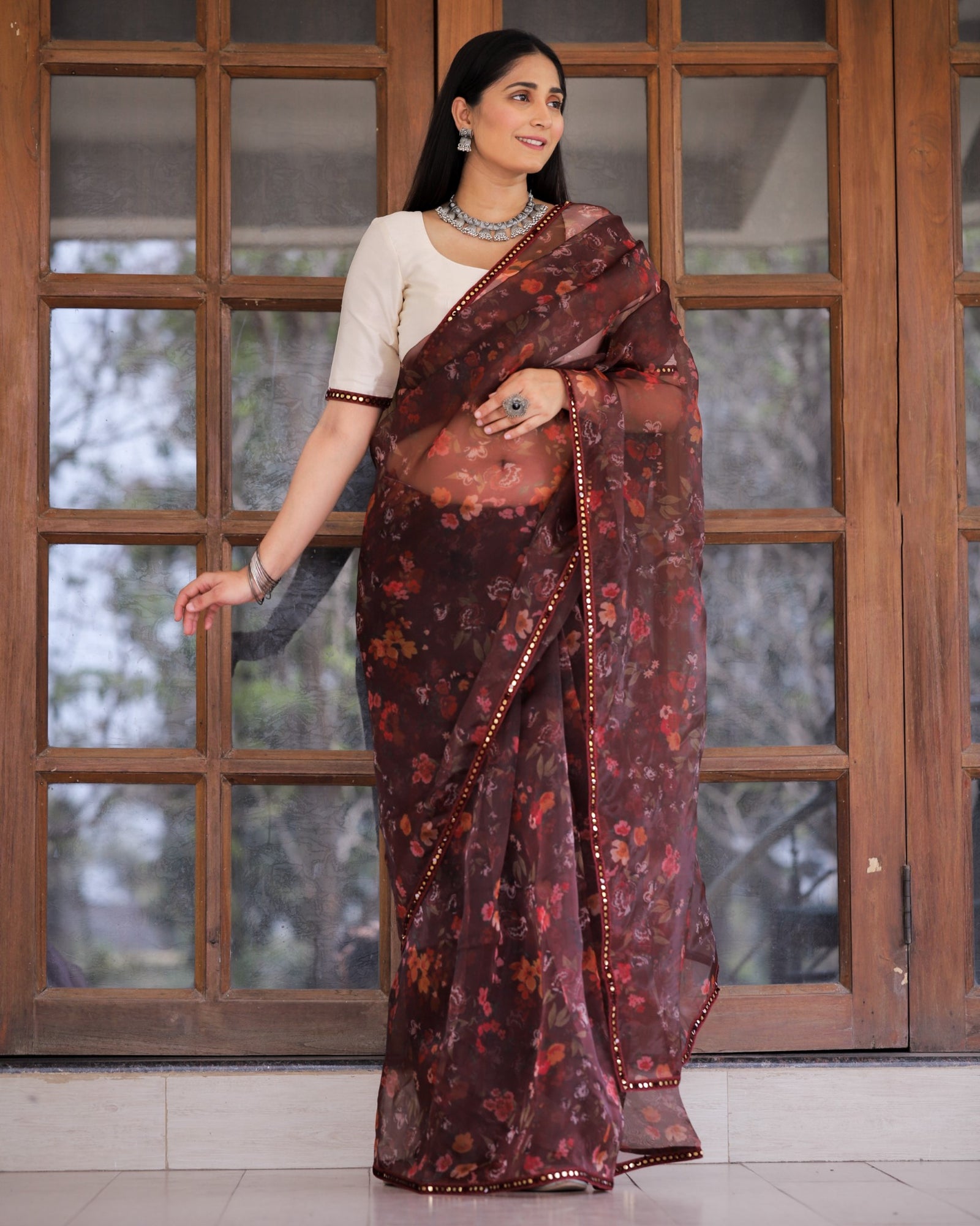 Maroon Color Lace Work Flower Print Organza Saree Clothsvilla