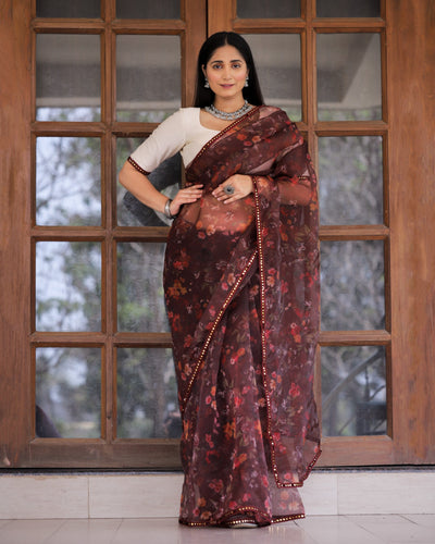Maroon Color Lace Work Flower Print Organza Saree Clothsvilla