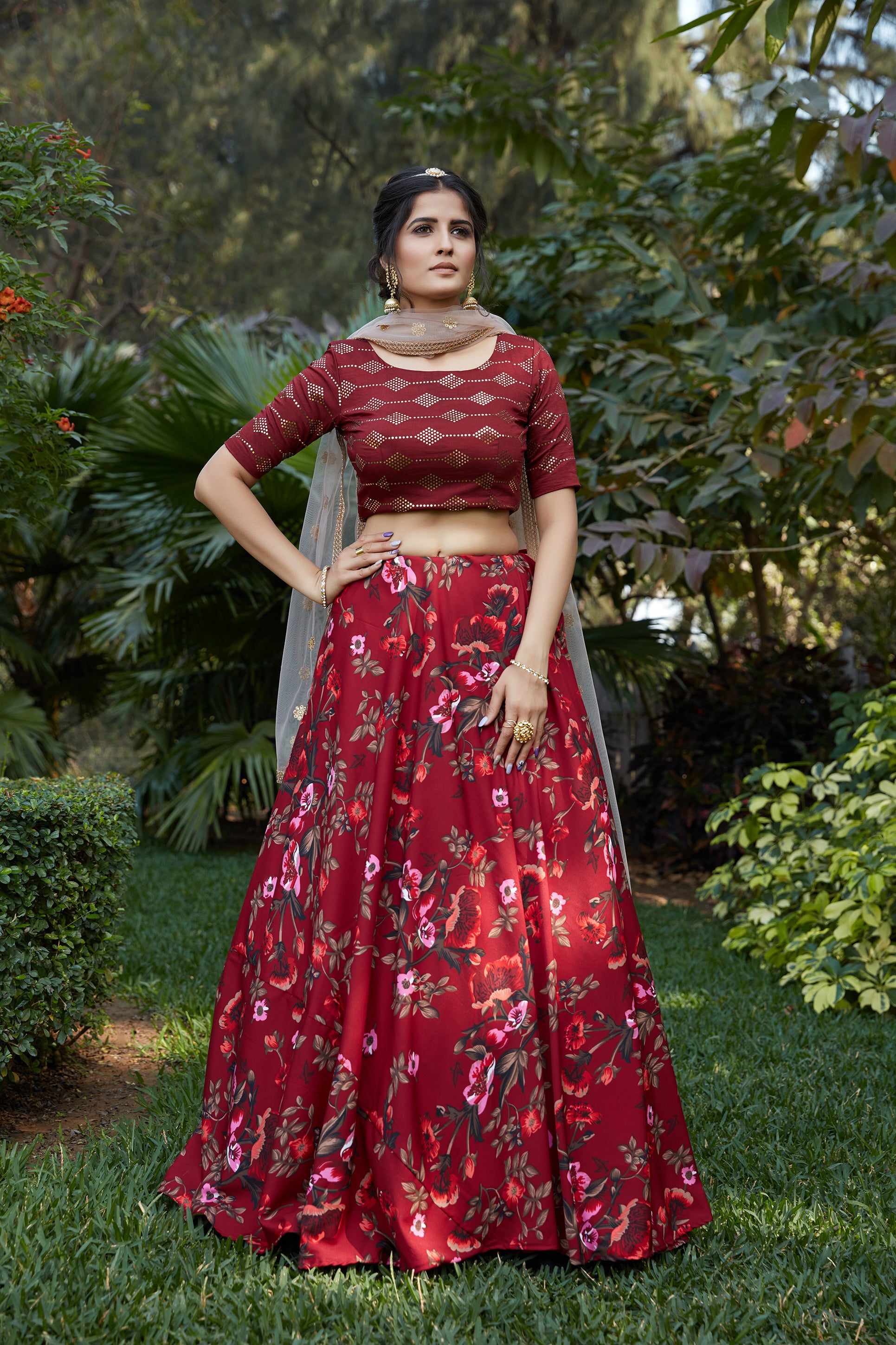 Maroon Floral Crepe Party Wear Lehenga Choli With Dupatta ClothsVilla Main image