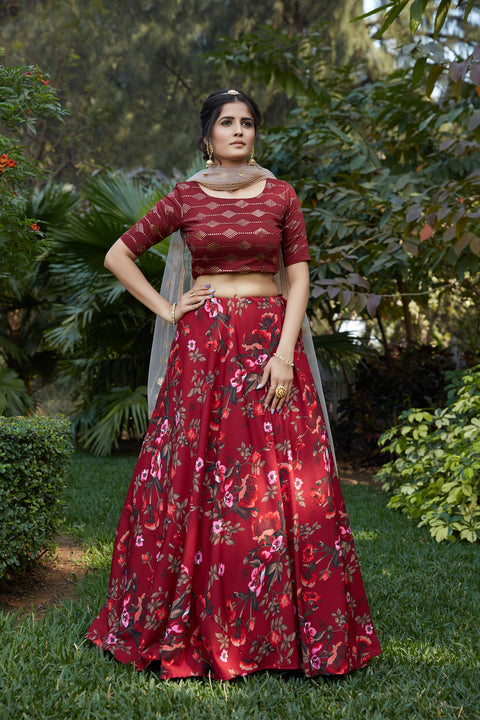 Maroon Floral Crepe Party Wear Lehenga Choli With Dupatta ClothsVilla Main image