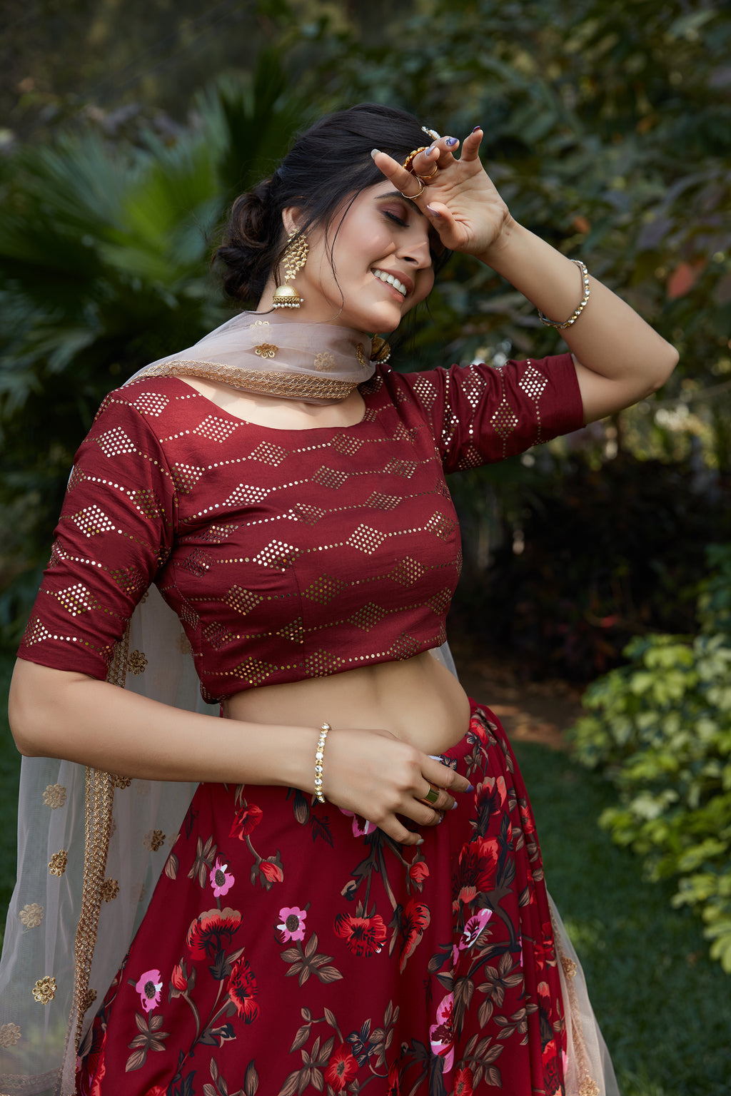 Maroon Floral Crepe Party Wear Lehenga Choli With Dupatta ClothsVilla