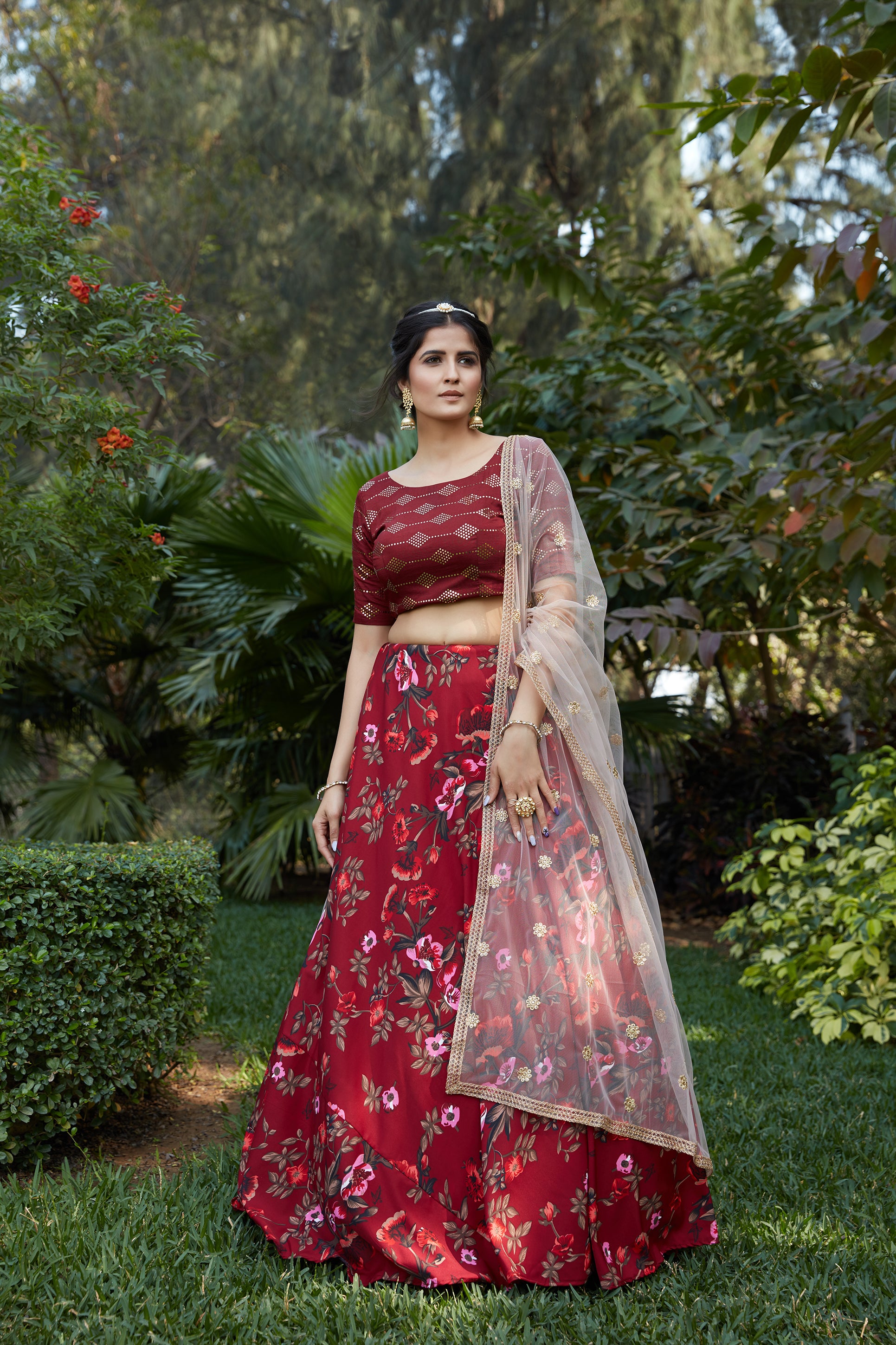 Maroon Floral Crepe Party Wear Lehenga Choli With Dupatta ClothsVilla