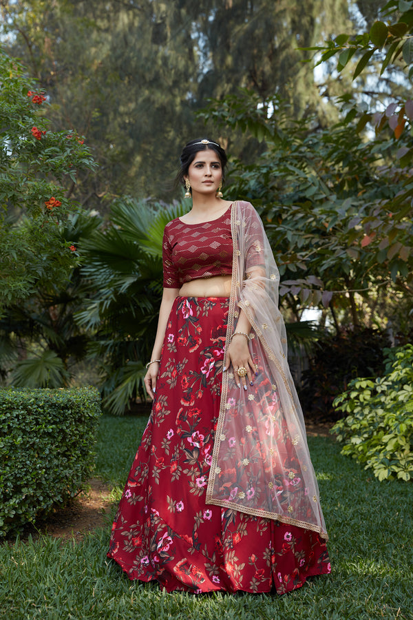 Maroon Floral Crepe Party Wear Lehenga Choli With Dupatta ClothsVilla