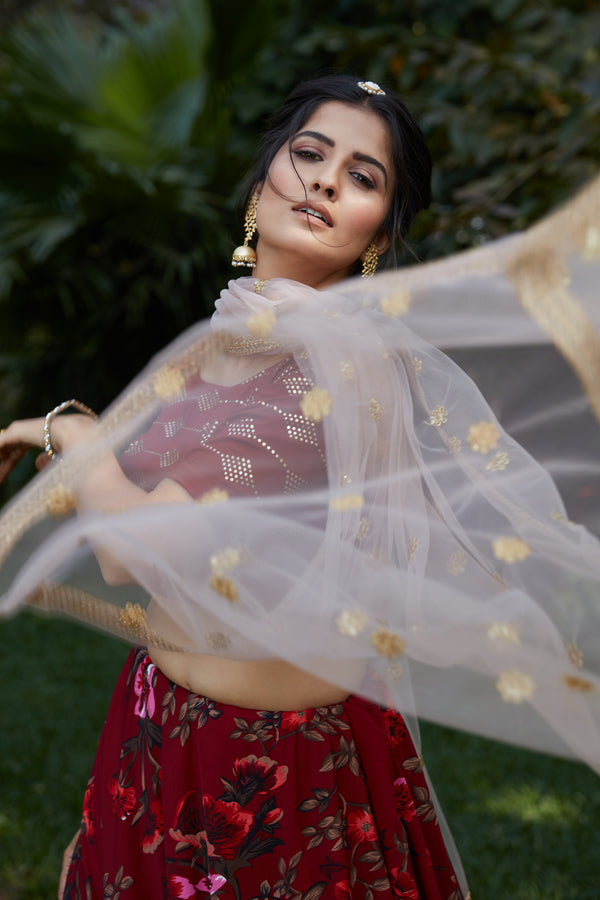Maroon Floral Crepe Party Wear Lehenga Choli With Dupatta ClothsVilla
