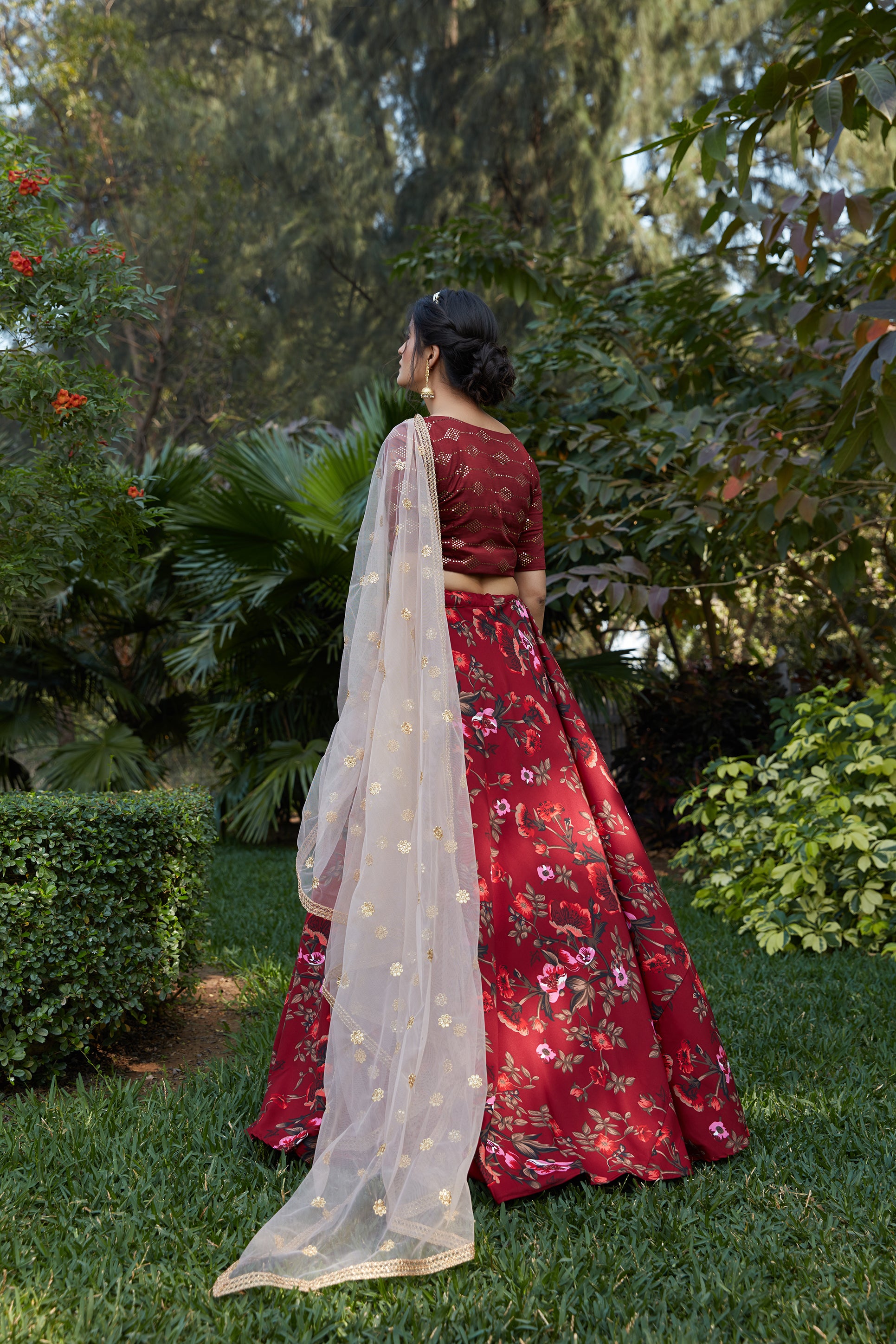 Maroon Floral Crepe Party Wear Lehenga Choli With Dupatta ClothsVilla