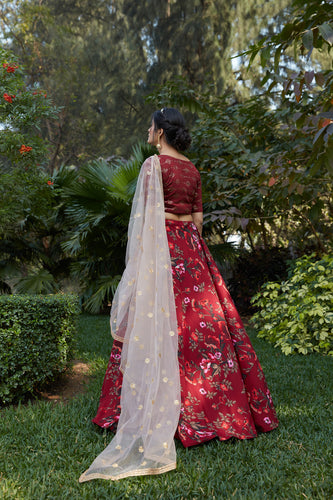 Maroon Floral Crepe Party Wear Lehenga Choli With Dupatta ClothsVilla