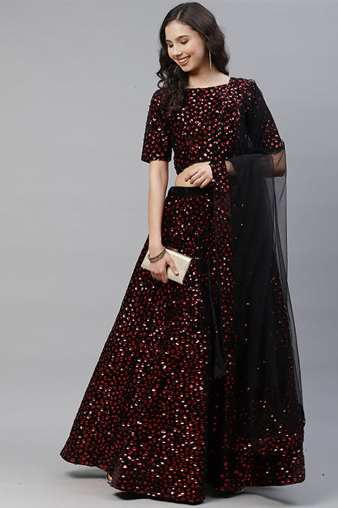 Maroon Indian Fashion Velvet Sequins Embroidered Lehenga Choli ClothsVilla.com Main image