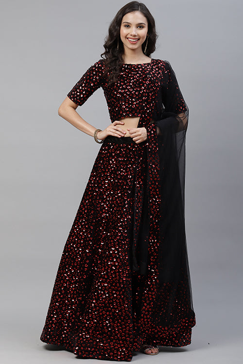 Maroon Indian Fashion Velvet Sequins Embroidered Lehenga Choli ClothsVilla.com