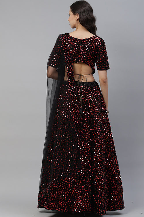 Maroon Indian Fashion Velvet Sequins Embroidered Lehenga Choli ClothsVilla.com
