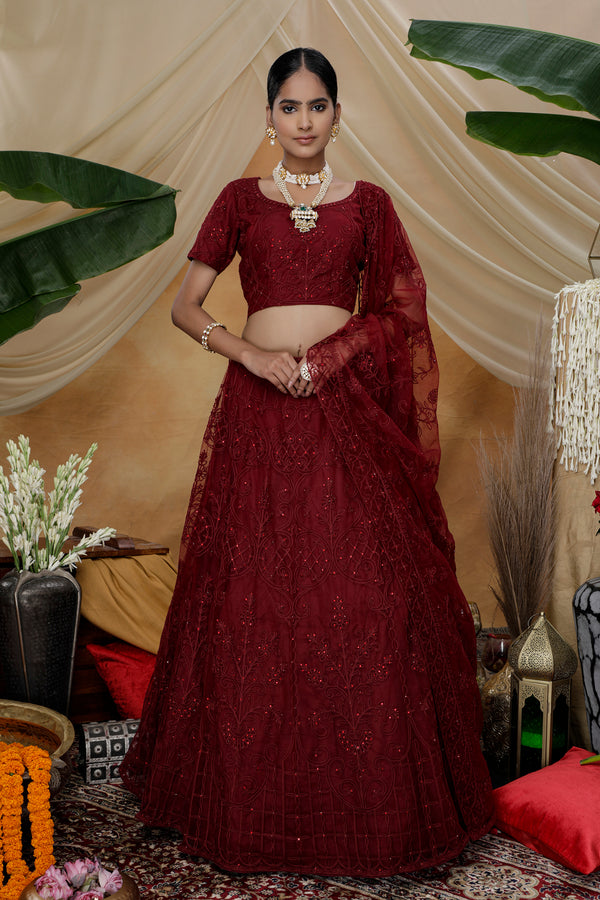 Maroon Lehenga Choli Thread embroidered with stone pasting And Bridal Net, Party Wears, Bridesmaid, Indian Tradition Function Lehenga Choli ClothsVilla