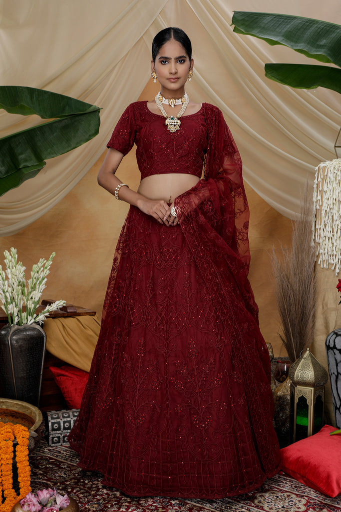 Cherry Red Bridal Reception Lehenga Set In Net SFANB55404 – Siya Fashions