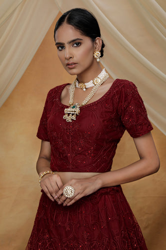 Maroon Lehenga Choli Thread embroidered with stone pasting And Bridal Net, Party Wears, Bridesmaid, Indian Tradition Function Lehenga Choli ClothsVilla