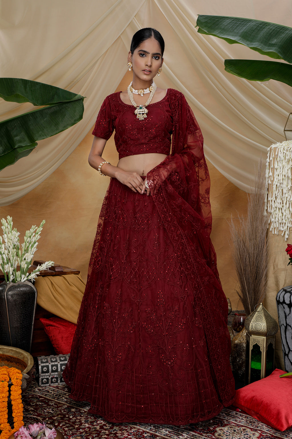 Maroon Lehenga Choli Thread embroidered with stone pasting And Bridal Net, Party Wears, Bridesmaid, Indian Tradition Function Lehenga Choli ClothsVilla