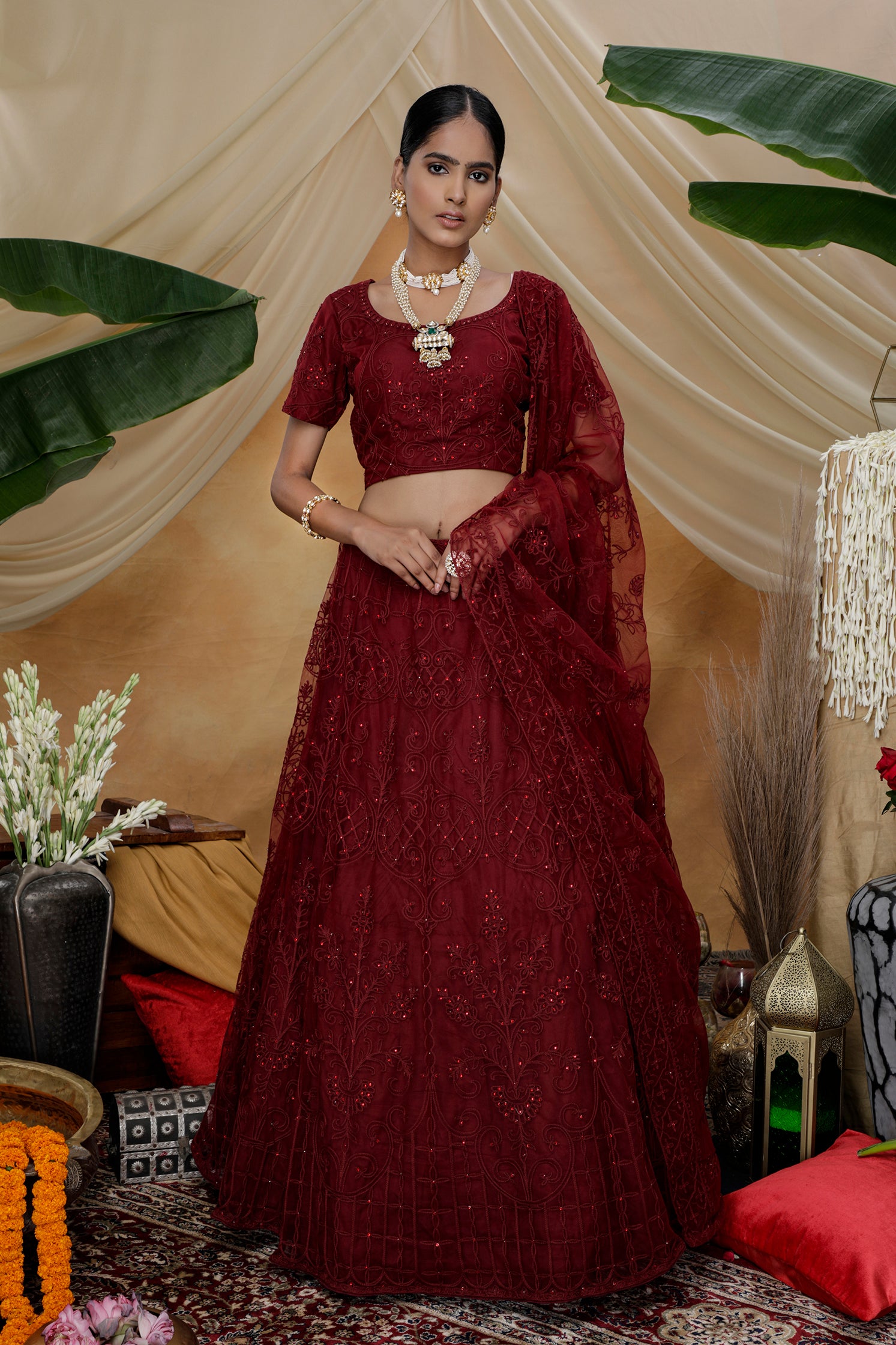 Maroon Lehenga Choli Thread embroidered with stone pasting And Bridal Net, Party Wears, Bridesmaid, Indian Tradition Function Lehenga Choli ClothsVilla