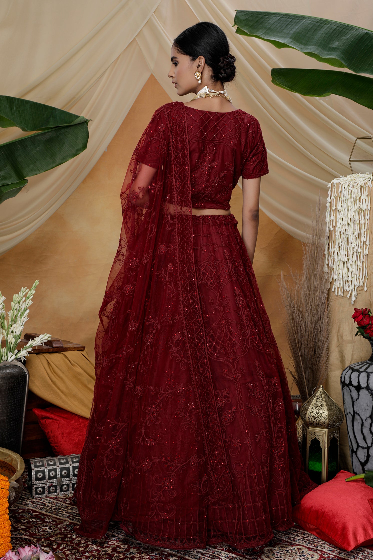 Maroon Lehenga Choli Thread embroidered with stone pasting And Bridal Net, Party Wears, Bridesmaid, Indian Tradition Function Lehenga Choli ClothsVilla