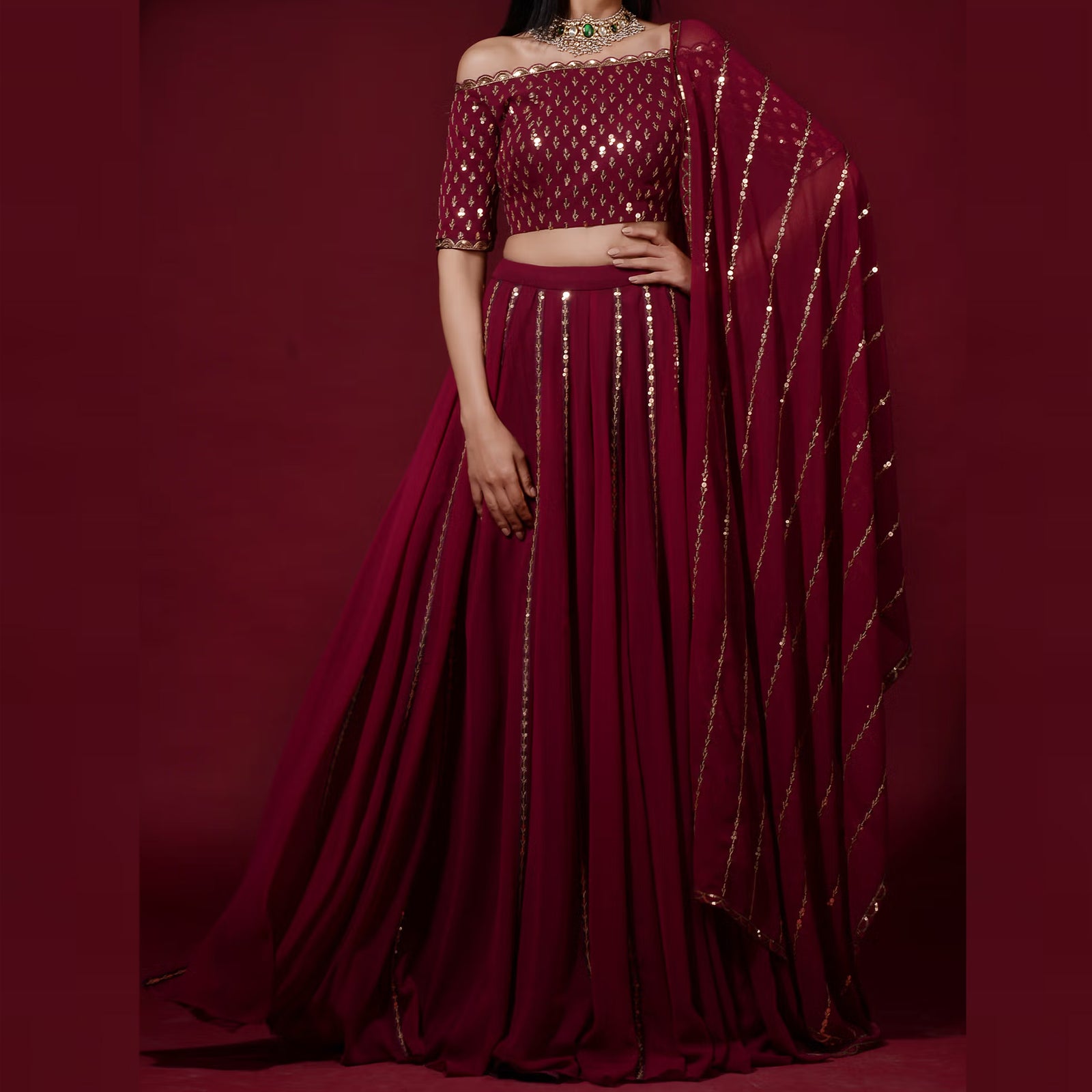 Maroon Lehenga Choli in Georgette with Heavy Sequins and Zari work ClothsVilla