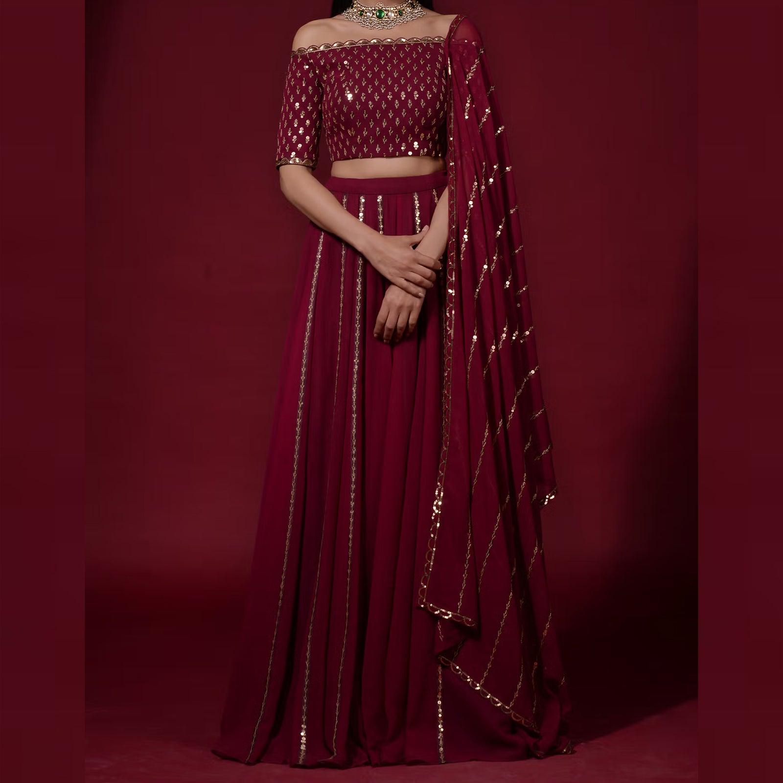Maroon Lehenga Choli in Georgette with Heavy Sequins and Zari work ClothsVilla
