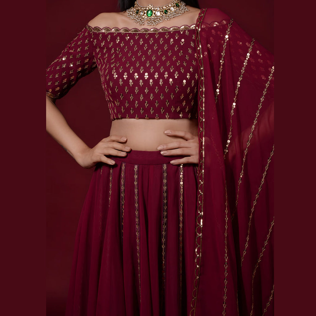 Maroon Lehenga Choli in Georgette with Heavy Sequins and Zari work ClothsVilla