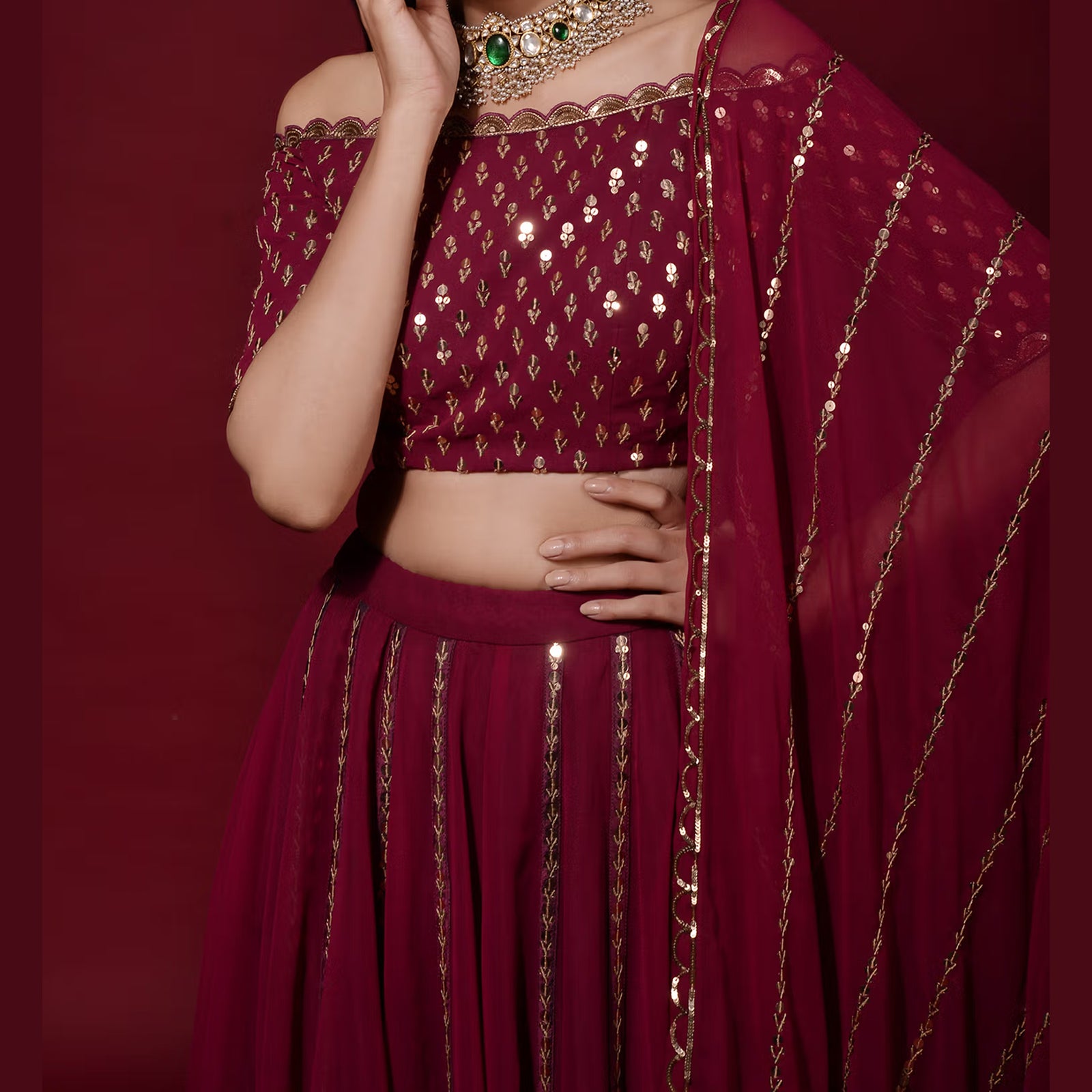 Maroon Lehenga Choli in Georgette with Heavy Sequins and Zari work ClothsVilla