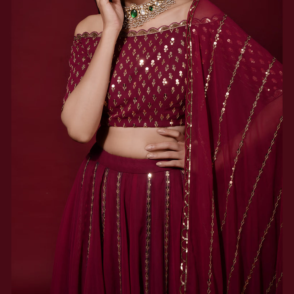 Maroon Lehenga Choli in Georgette with Heavy Sequins and Zari work ClothsVilla